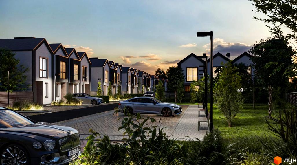 Таунхауси Сімейний маєток з сучасним дизайном фасадів та доглянутою прибудинковою територією з парковкою та зеленими насадженнями.