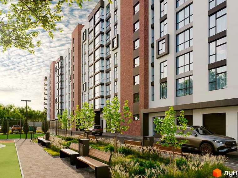 Житловий комплекс Перлина Проскурова-7: фасади з цегляними та білими вставками, великі вікна, зелена прибудинкова територія з лавками та деревами.