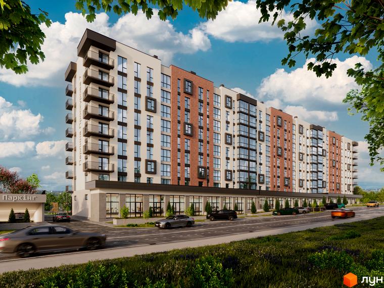 Новобудова ЖК Перлина Проскурова-7 з цегляними та світлими фасадами, балконами та великими вікнами. Поруч дорога з автомобілями та зелена зона.
