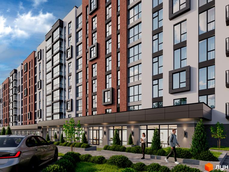 Житловий комплекс Перлина Проскурова-7 з цегляними та білими фасадами, великими вікнами та прибудинковою територією з деревами та пішохідною зоною.