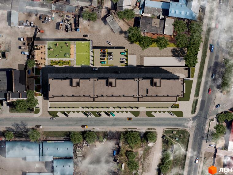 Житловий комплекс Перлина Проскурова-7. Вид зверху на новобудову з прибудинковою територією, дитячим майданчиком та футбольним полем.