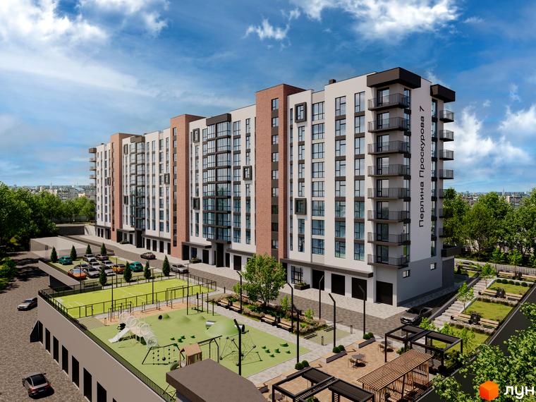 Житловий комплекс Перлина Проскурова 7 - це сучасна новобудова з цегляними та білими фасадами, балконами та прибудинковою територією з дитячим майданчиком та зонами відпочинку.