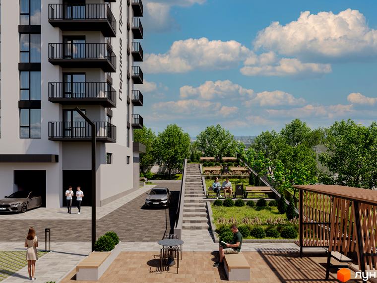 Новобудова ЖК Перлина Проскурова-7 з балконами та прибудинковою територією з ландшафтним дизайном та зонами відпочинку.