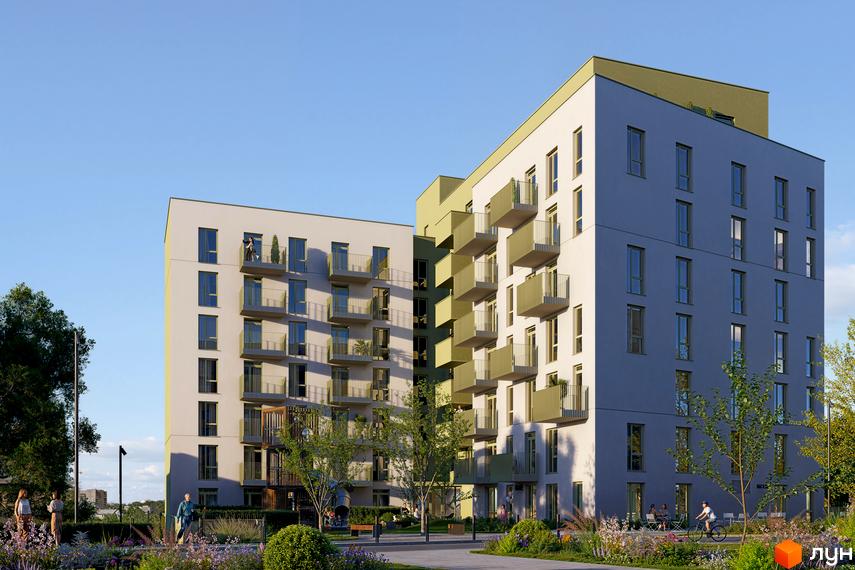 Житловий комплекс Etalon Verde з балконами та вікнами, зеленою прибудинковою територією та людьми, що відпочивають.