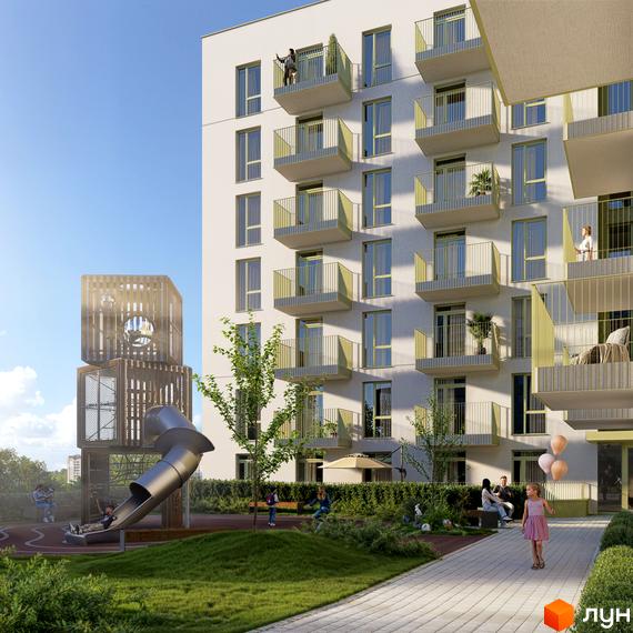 Житловий комплекс Etalon Verde з балконами та дитячим майданчиком. Сучасна архітектура та зелена прибудинкова територія.