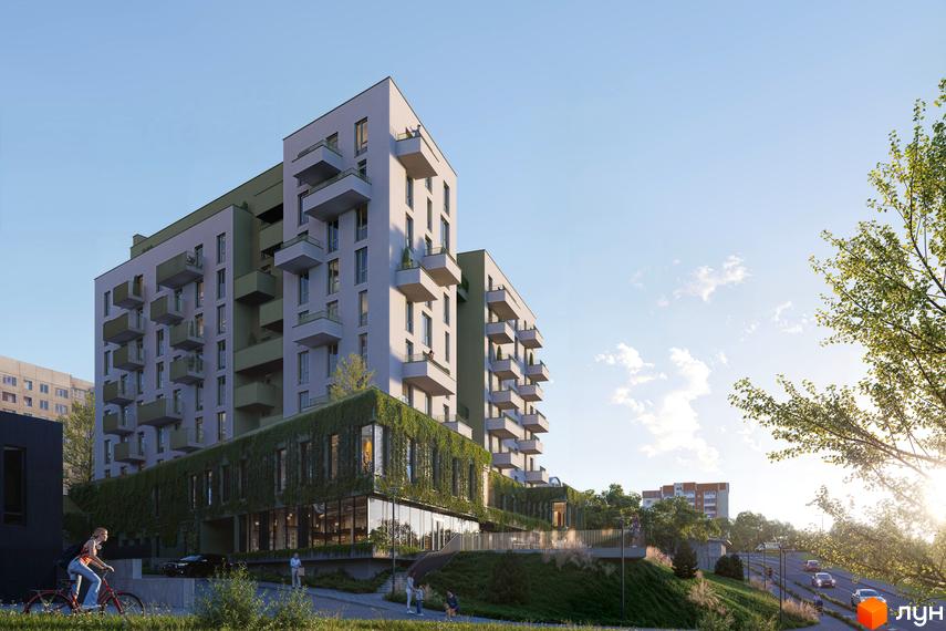 Новобудова Etalon Verde з зеленим фасадом та балконами, прибудинкова територія з доріжками та деревами.