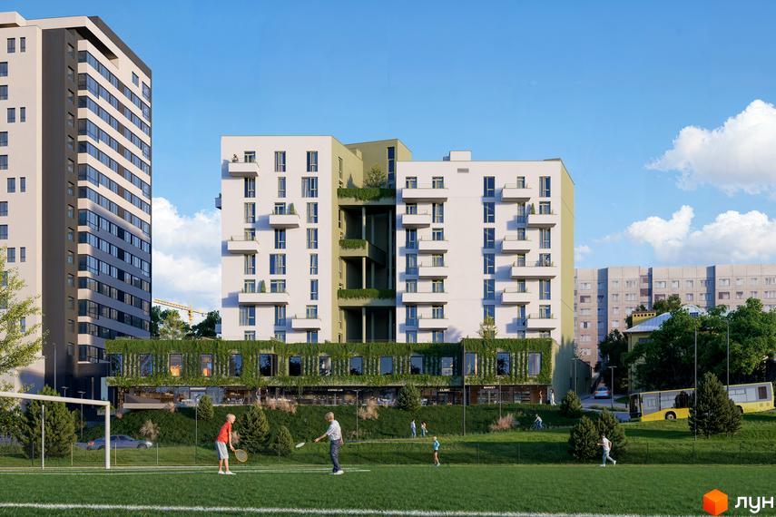 Житловий комплекс Etalon Verde з білими фасадами та зеленими елементами, з прибудинковою територією, що включає спортивний майданчик та зелені насадження.