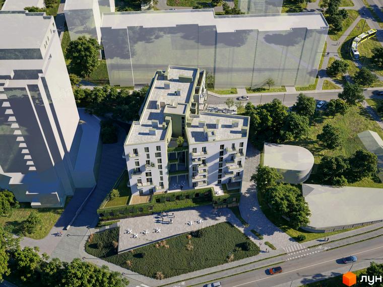 Житловий комплекс Etalon Verde з білими фасадами та зеленими елементами, оточений деревами та з зоною відпочинку на прибудинковій території.