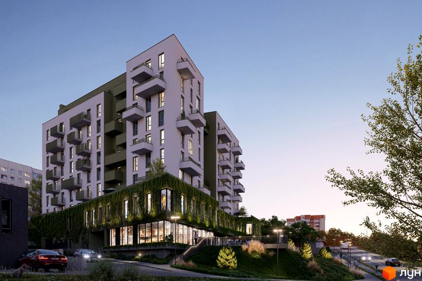 Житловий комплекс Etalon Verde з фасадами, вкритими зеленню, та балконами. Навколо будинку доглянута прибудинкова територія з освітленням та зеленими насадженнями.