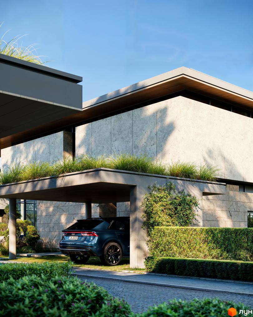 Котеджне містечко UNIQUE: сучасна архітектура з кам'яним оздобленням та зеленою зоною. Прибудинкова територія з автомобілем під навісом та доглянутими кущами.