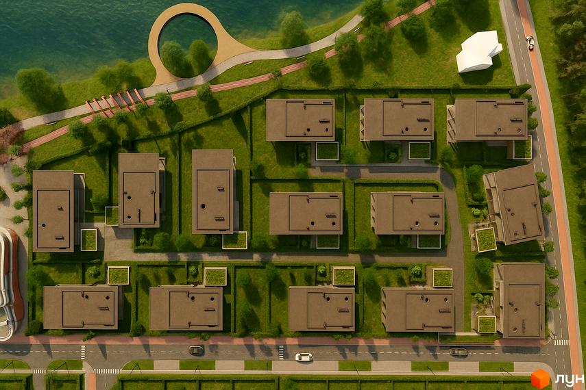 Котеджне містечко KM UNIQUE: вид зверху на будинки з пласкими дахами та прибудинкову територію з озелененням та доріжками біля озера.