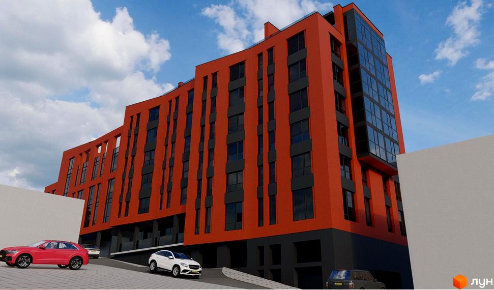 Зовнішній вигляд новобудови ЖК Hills з червоною цегляною фасадою та темними вікнами. Перед будинком розташовані автомобілі та частина прибудинкової території.