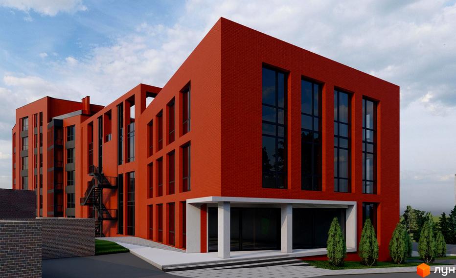 Зовнішній вигляд новобудови ЖК Hills, що складається з цегляних секцій червоного кольору з великими темними вікнами. Навколо будівлі розташована прибудинкова територія з деревами та доріжками.