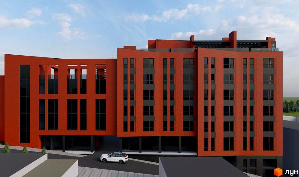 Зовнішній вигляд новобудови ЖК Hills з червоної цегли та темними вікнами. Прибудинкова територія з дорогою та автомобілем.