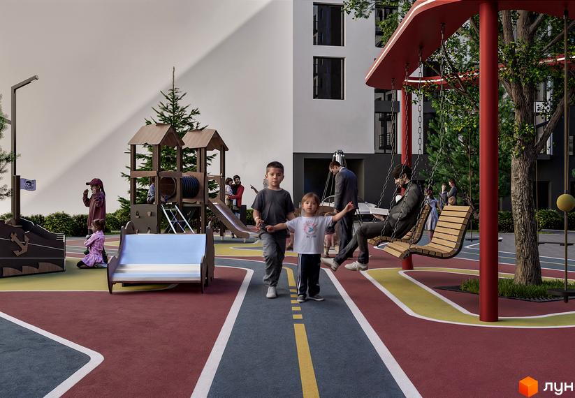 Новобудова ЖК Урожайний з дитячим майданчиком та зонами відпочинку. Зовнішній вигляд будинку та прибудинкова територія.