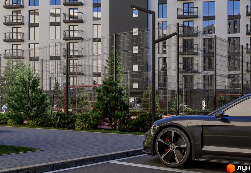 Житловий комплекс Урожайний: багатоповерхові будинки з балконами, огороджена територія з деревами та спортивним майданчиком, припаркований автомобіль.