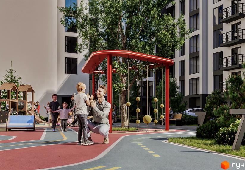 Житловий комплекс Урожайний: дитячий майданчик з гойдалками та гірками біля багатоповерхових будинків. Територія для відпочинку та ігор.