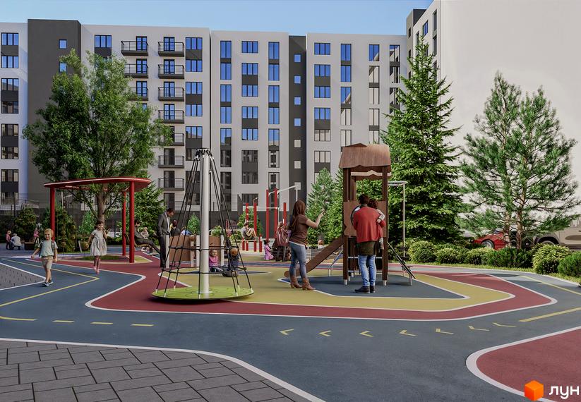 Житловий комплекс Урожайний: сучасні багатоповерхові будинки з балконами та дитячий майданчик з ігровими елементами.