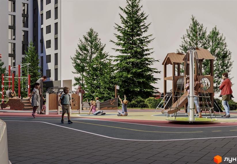 Дитячий майданчик біля новобудови ЖК Урожайний з елементами гри та відпочинку. Навколо зелені насадження та сучасна архітектура будинку.