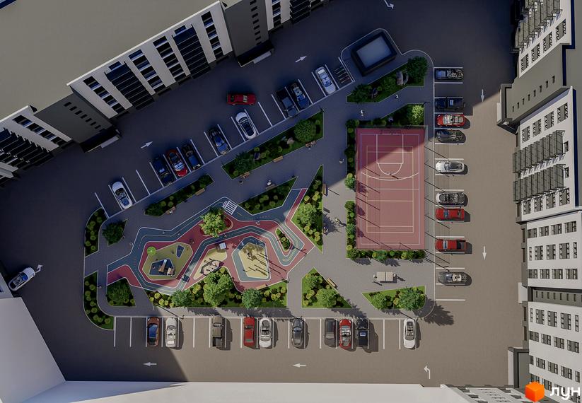 Новобудова ЖК Урожайний з баскетбольною площадкою, дитячим майданчиком та парковкою. Сучасний житловий комплекс з упорядкованою прибудинковою територією.