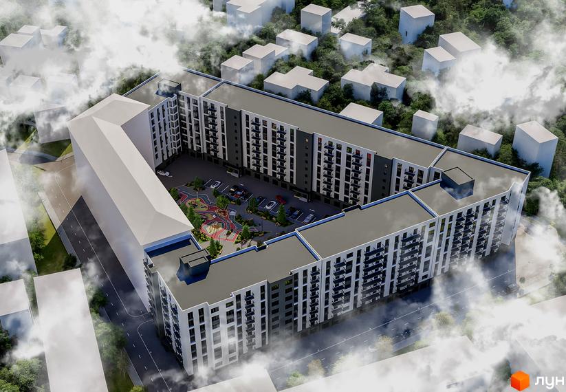 Новобудова Урожайний з багатоповерховими будинками та внутрішнім двориком з дитячим майданчиком та парковкою.