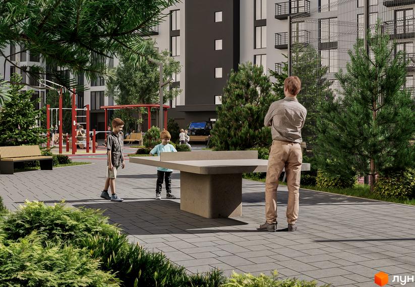 Житловий комплекс Урожайний: діти грають на дитячому майданчику біля будинку. Прибудинкова територія з зонами відпочинку та спортивними елементами.