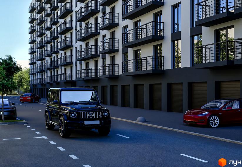 Новобудова ЖК Урожайний з балконами та гаражами, прибудинкова територія з дорогою та автомобілями.