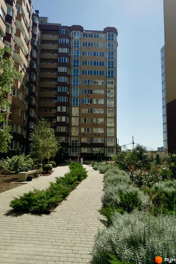 Житловий комплекс Нова Європа: багатоповерхові будинки з великими вікнами та доглянута прибудинкова територія з доріжками та зеленими насадженнями.