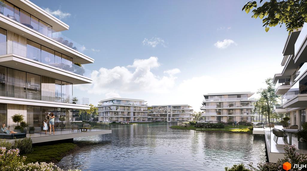 Житловий комплекс Park Lake City з сучасними балконами та панорамними вікнами, розташований біля озера з доглянутою прибудинковою територією.