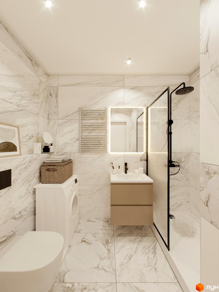 Дизайн ванної кімнати в ЖК Standard One Позняки з білою плиткою під мармур, душовою кабіною та пральною машиною.