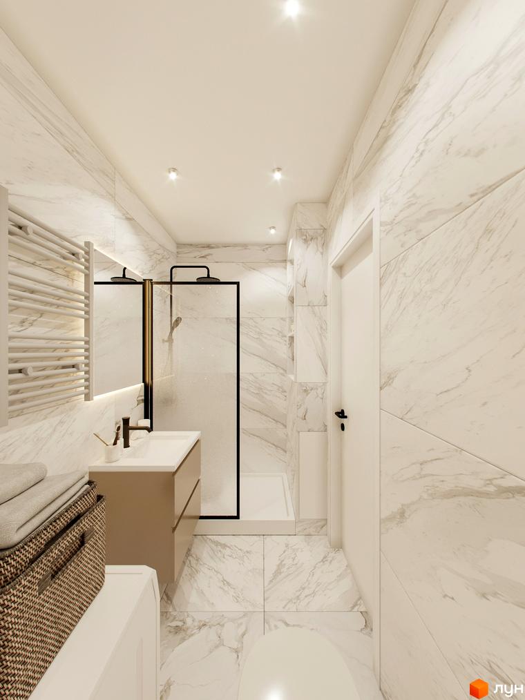 Сучасний дизайн ванної кімнати в новобудові ЖК Standard One Позняки з мармуровим оздобленням та душовою кабіною. Стильні меблі та аксесуари доповнюють інтер'єр.