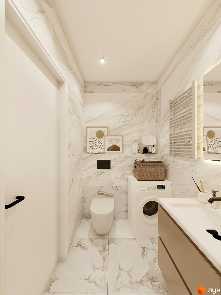Дизайн ванної кімнати в ЖК Standard One Позняки з білою плиткою під мармур, унітазом, пральною машиною та раковиною. Сучасний інтер'єр житлового комплексу.