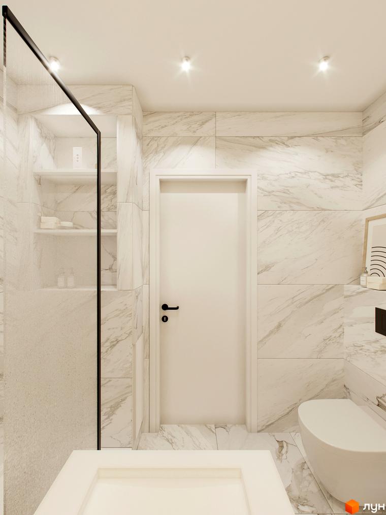 Інтер'єр ванної кімнати в новобудові Standard One Позняки. Біла плитка під мармур, скляна душова кабіна, унітаз та раковина.