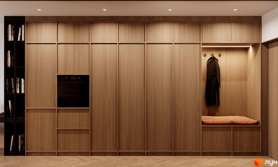 Інтер'єр квартири в ЖК Standard One Позняки: дерев'яні фасади шафи, вбудована техніка, зона для одягу з лавкою.