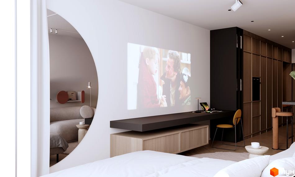 Інтер'єр квартири в ЖК Standard One Позняки з проектором на стіні та зоною для роботи. Сучасний дизайн та функціональне планування.