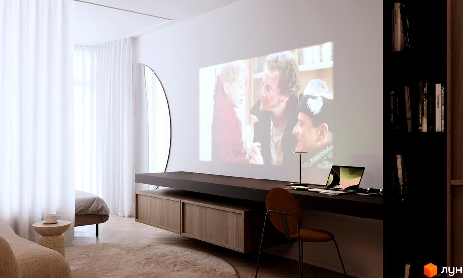 Житловий комплекс Standard One Позняки. Сучасний інтер'єр спальні з проєктором та меблями.