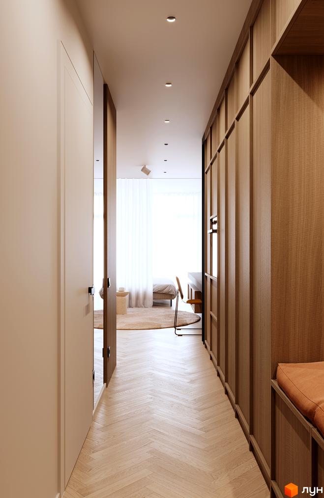 Інтер'єр коридору новобудови Standard One Позняки з дерев'яними панелями та дверима. Відкритий простір веде до спальні з великими вікнами.