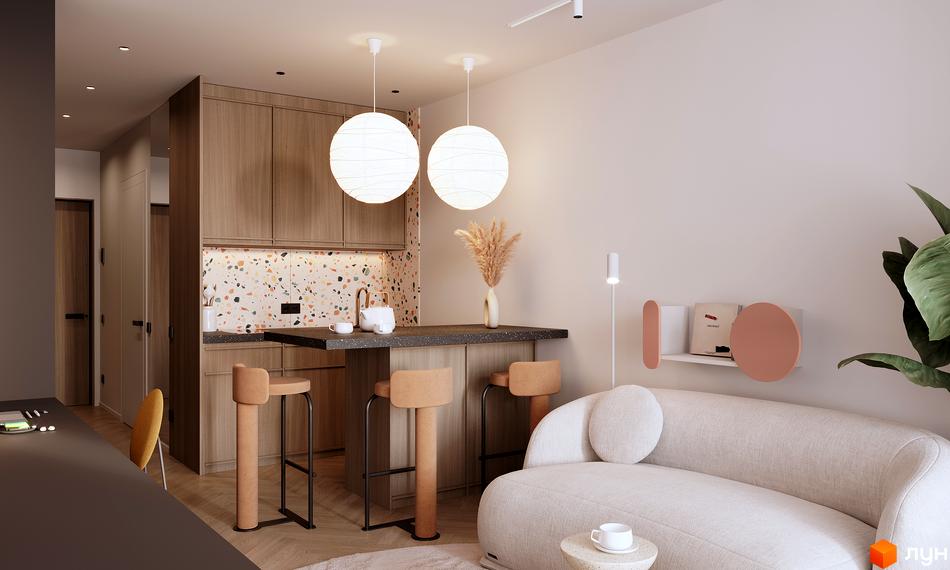 Дизайн квартири в ЖК Standard One Позняки: кухня-вітальня з барною стійкою, диваном та декором. Сучасний інтер'єр з дерев'яними елементами та яскравим фартухом.
