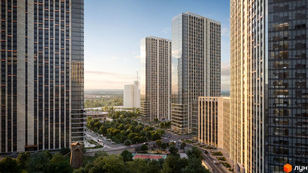 Житловий комплекс Метрополіс - сучасні висотні будинки з панорамними вікнами та доглянутою прибудинковою територією з деревами та спортивними майданчиками.