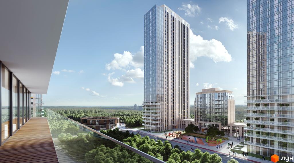 Житловий комплекс Метрополіс - висотні будинки з панорамним склінням та зелена прибудинкова територія з дитячим майданчиком.