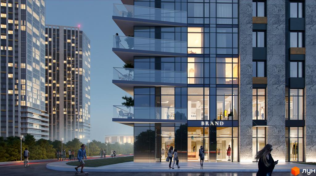 Житловий комплекс Метрополіс. Сучасна архітектура будівель з панорамними вікнами та балконами, прибудинкова територія з пішохідними доріжками та деревами.