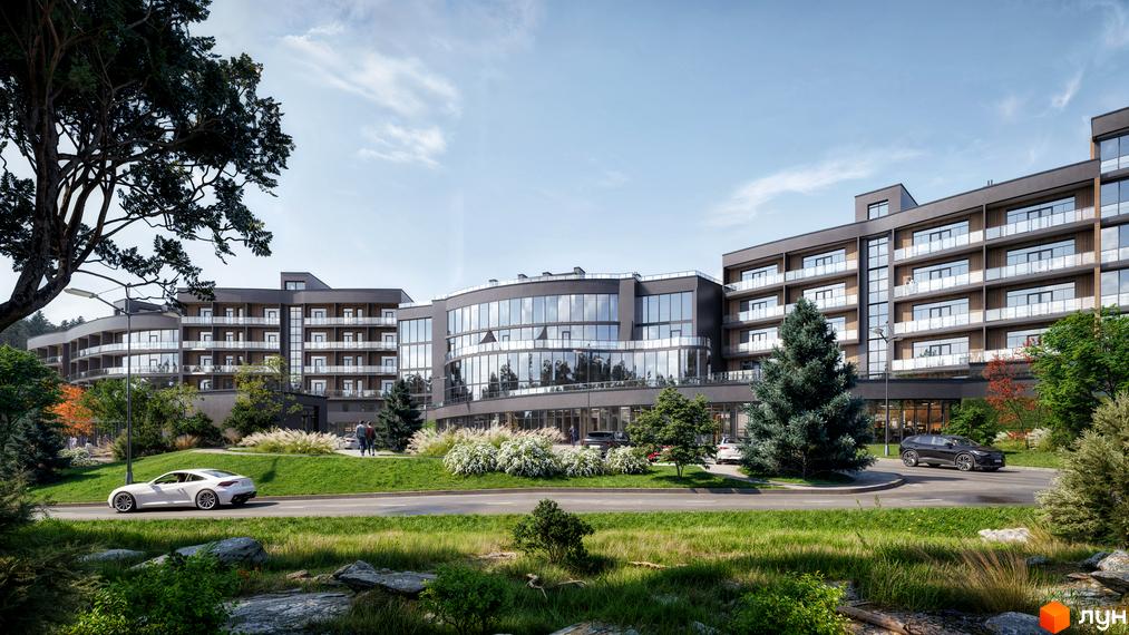 Апарт-комплекс PHOENIX MEDICAL RESORT з вигнутим фасадом та балконами, оточений зеленню та дорогою з автомобілями.