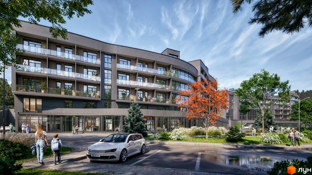 Апарт-комплекс PHOENIX MEDICAL RESORT з балконами та скляними огорожами, поруч парковка та зелена зона з деревами.