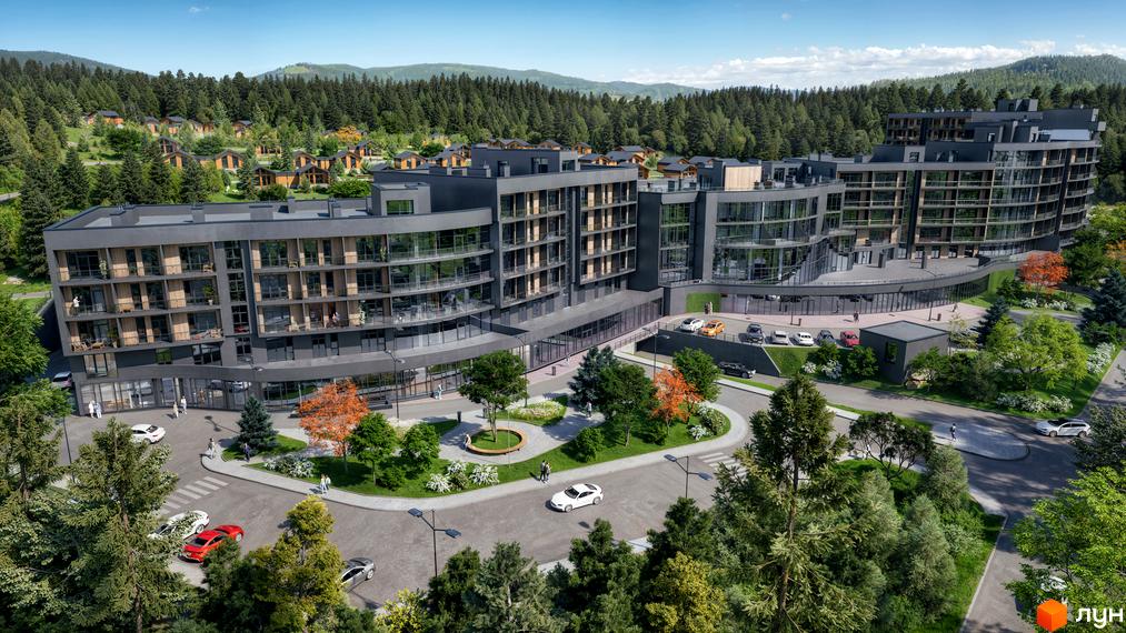 Апарт-комплекс PHOENIX MEDICAL RESORT з темними фасадами та скляними балконами, оточений зеленими деревами та гірським ландшафтом.