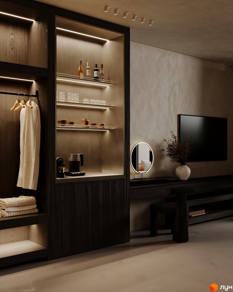 Апарт-комплекс PHOENIX MEDICAL RESORT. Сучасний інтер'єр номера з шафою, телевізором та туалетною зоною.