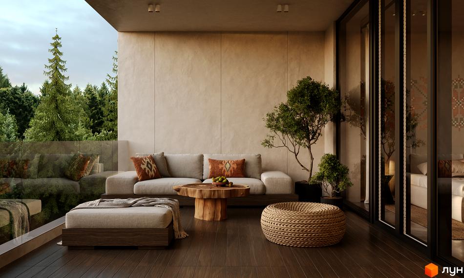 Апарт-комплекс PHOENIX MEDICAL RESORT: тераса з диваном та кавовим столиком на тлі лісу. Відкритий простір для відпочинку.