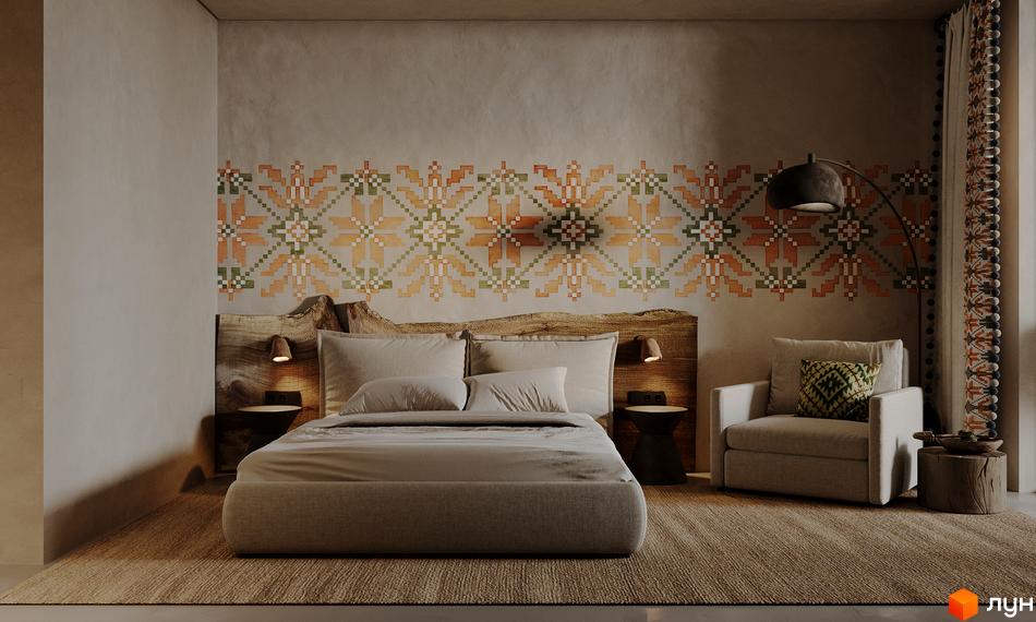 Апарт-комплекс PHOENIX MEDICAL RESORT. Спальня з орнаментом на стіні, ліжком, кріслом та торшером.