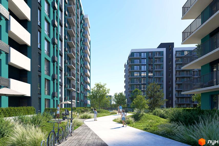 Зовнішній вигляд ЖК URBN з бірюзовими фасадами та балконами, зеленою прибудинковою територією та доріжками для прогулянок.