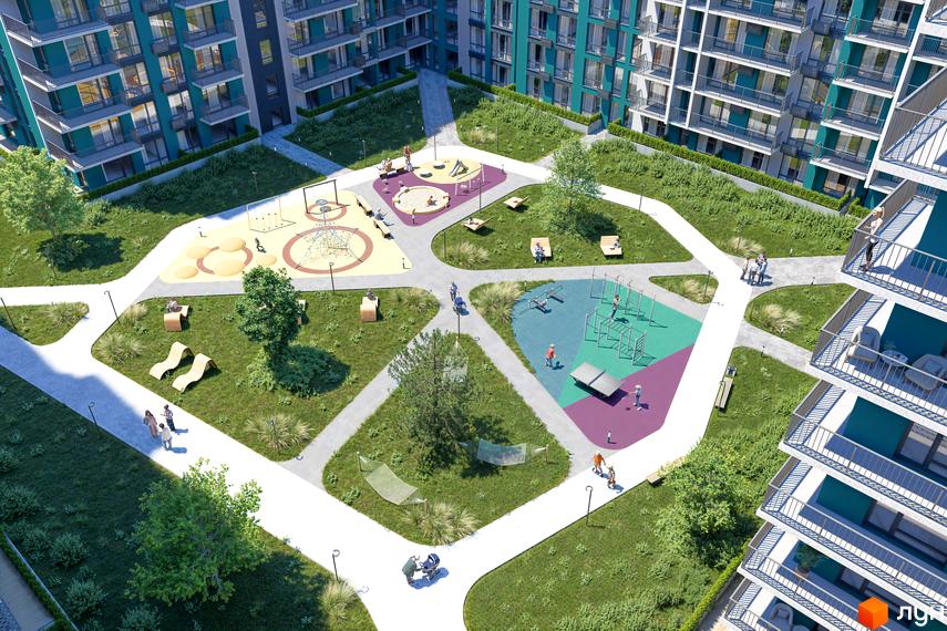 Новобудова ЖК URBN з упорядкованою прибудинковою територією, дитячими та спортивними майданчиками.