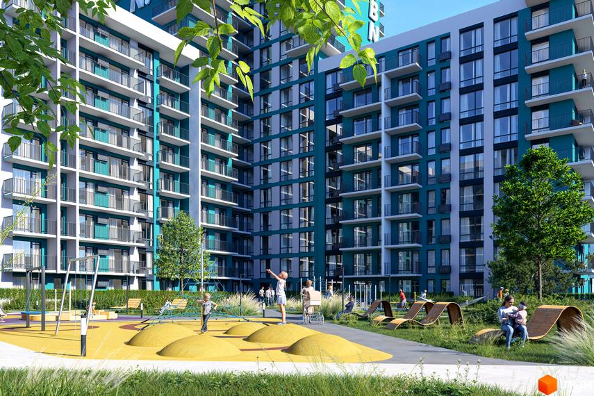 Новобудова ЖК URBN з балконами та дитячим майданчиком. Сучасний житловий комплекс з місцями для відпочинку.